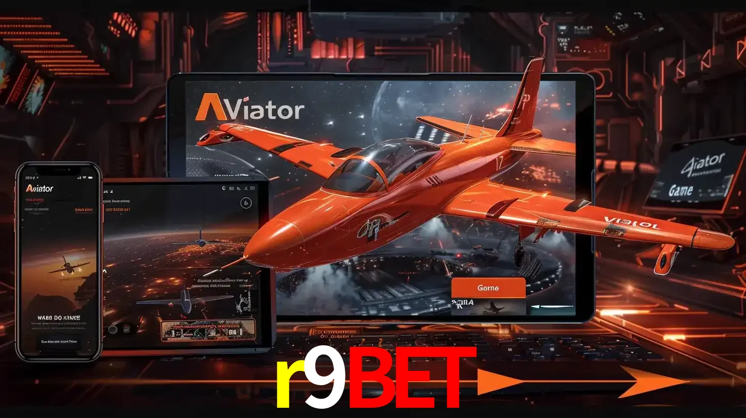 Apresentação tecnológica do jogo Aviator com um avião saindo da tela de um tablet, demonstrando a experiência imersiva em múltiplos dispositivos no r9bet.