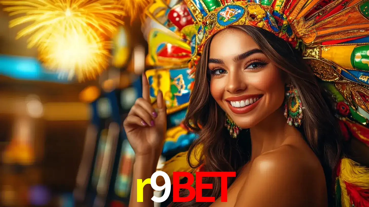Mulher sorridente com um cocar de carnaval vibrante e colorido, celebrando uma grande vitória nos jogos do cassino r9bet com fogos de artifício ao fundo.