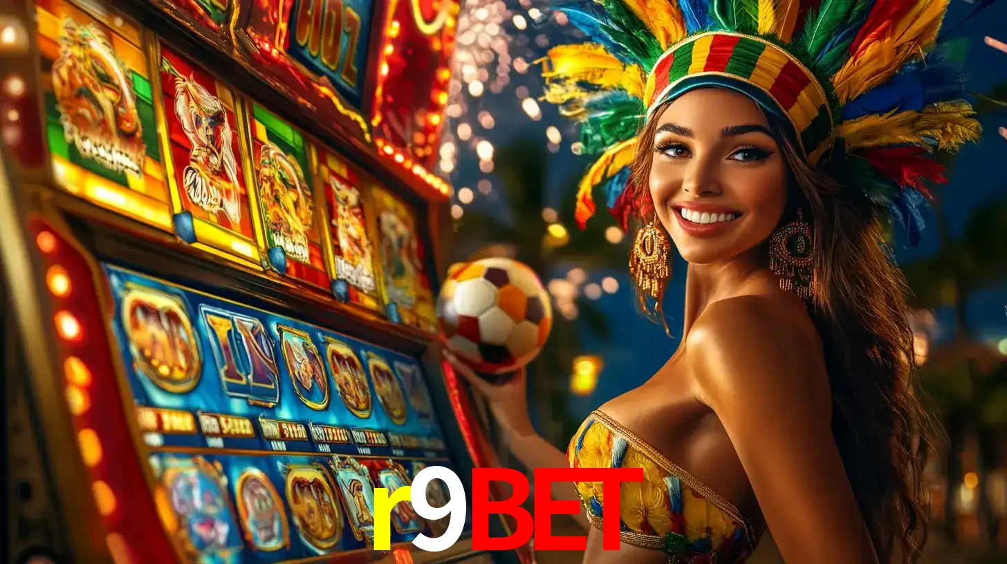 Mulher com um cocar de carnaval ao lado de uma máquina de caça-níqueis enquanto segura uma bola de futebol, mostrando a união da diversão de cassino e esportes no r9bet.