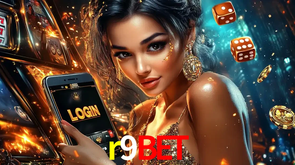 Mulher glamourosa segurando um celular com a tela de login do cassino r9bet, rodeada por dados e moedas douradas, pronta para começar a diversão.