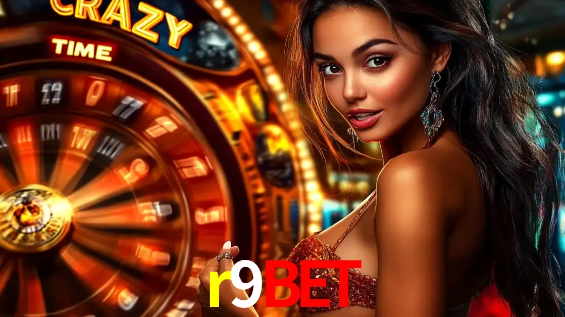 Mulher ao lado da roda de prêmios do jogo de cassino ao vivo Crazy Time, um dos shows de jogos mais emocionantes oferecidos pela plataforma de apostas r9bet.