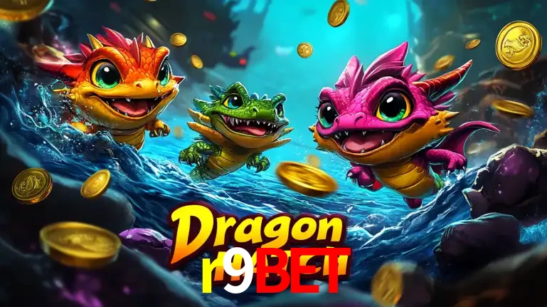 Arte promocional do jogo Dragon Hatch com três adoráveis dragões bebês nadando entre moedas de ouro, um dos slots mais divertidos para jogar no cassino r9bet.