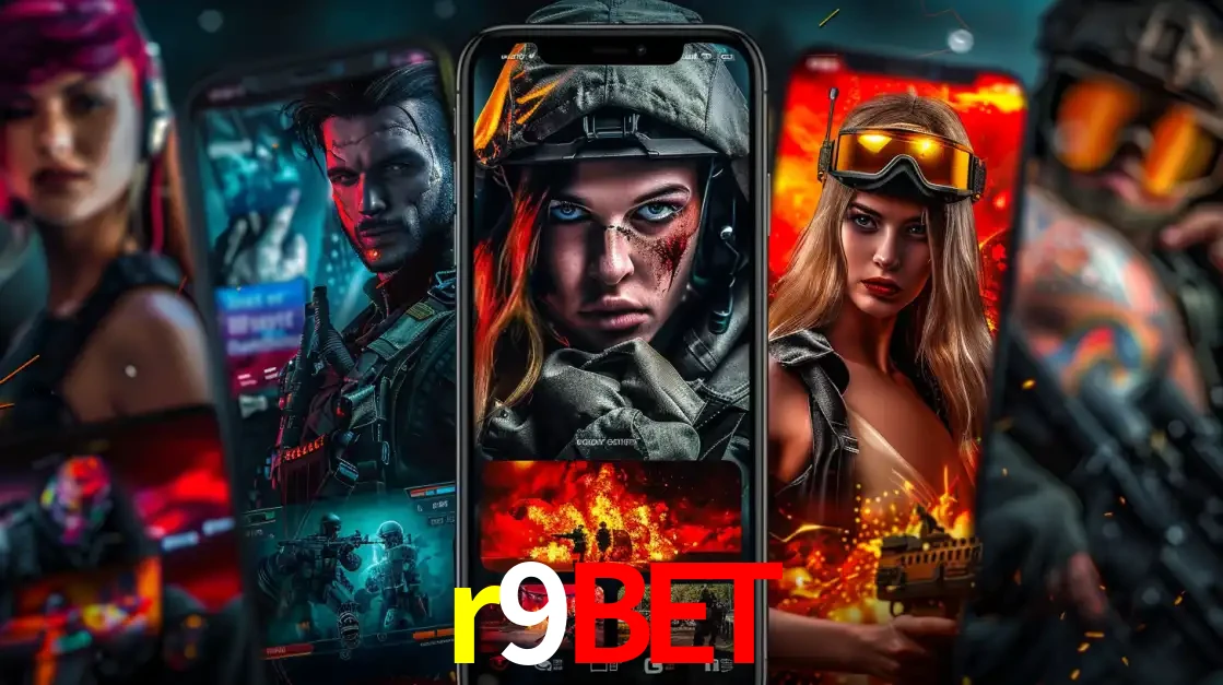 Montagem de telas de celular mostrando diversos personagens, masculinos e femininos, de um jogo de tiro, ilustrando a diversidade de equipes de e-sports para apostar no r9bet.