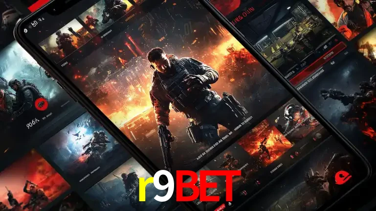 Tela de um celular exibindo uma galeria de jogos de tiro com temática militar, mostrando a variedade de e-sports disponíveis para apostas na plataforma de entretenimento r9bet.