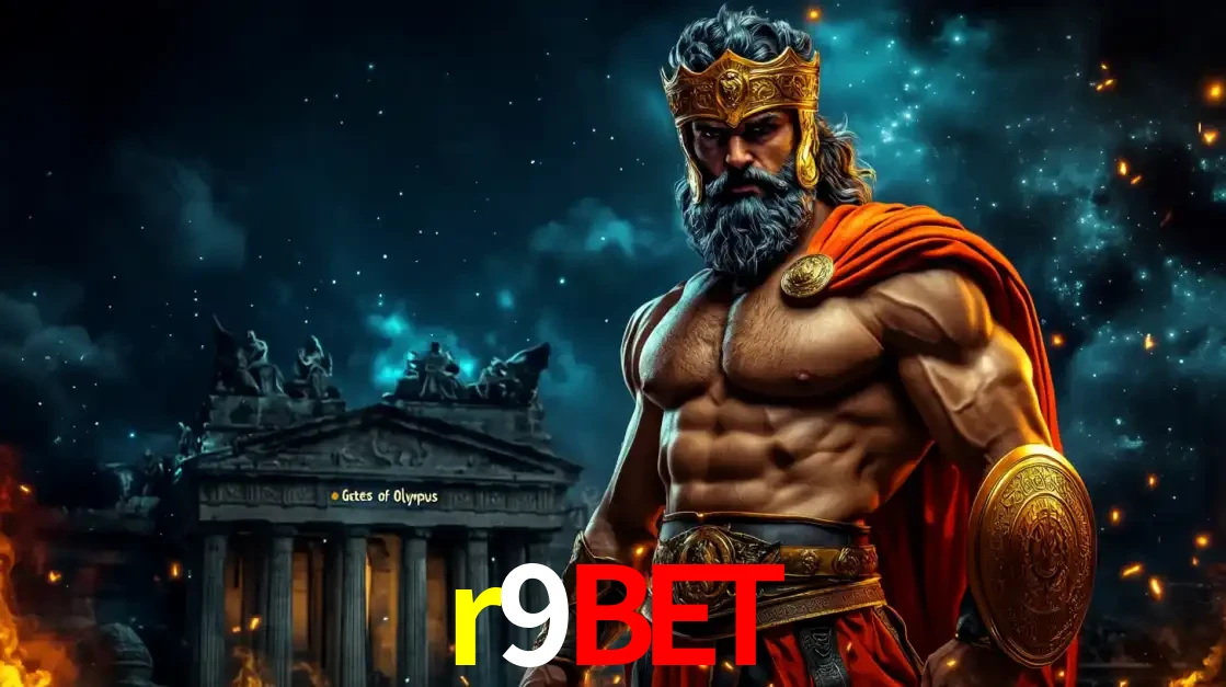 O poderoso Zeus do jogo de slot Gates of Olympus em frente ao seu templo, pronto para lançar multiplicadores divinos e prêmios épicos no cassino online r9bet.