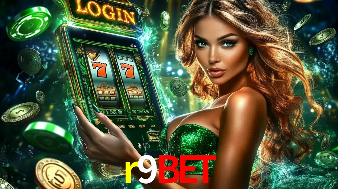 Mulher com tema verde apresentando o aplicativo do cassino r9bet com um jogo de slot de 777, cercada por fichas de cassino e uma aura de sorte.