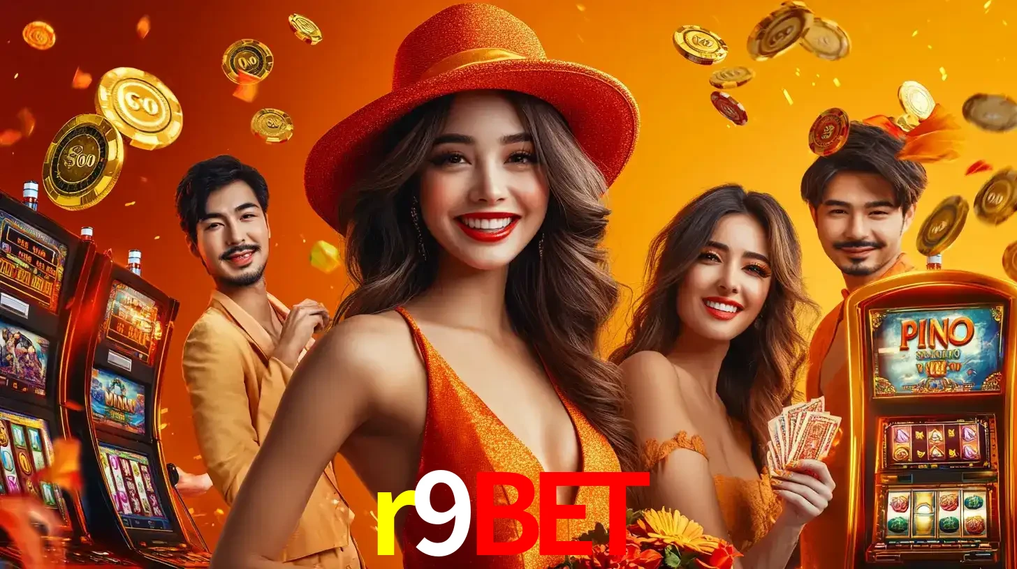 Grupo de amigos asiáticos sorrindo e se divertindo com máquinas de caça-níqueis em um ambiente festivo, celebrando suas vitórias nos jogos de cassino do r9bet.