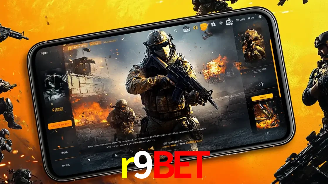 Um smartphone exibindo a interface de um jogo de tiro em primeira pessoa, com um soldado em um cenário de batalha, representando a ação dos e-sports para apostar no r9bet.