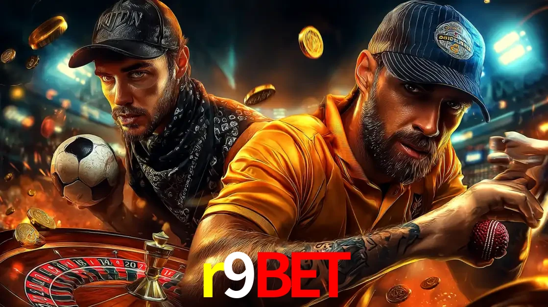 Montagem de apostas esportivas e cassino no r9bet, com um homem segurando uma bola de futebol e outro uma de beisebol sobre uma roleta e moedas voadoras.