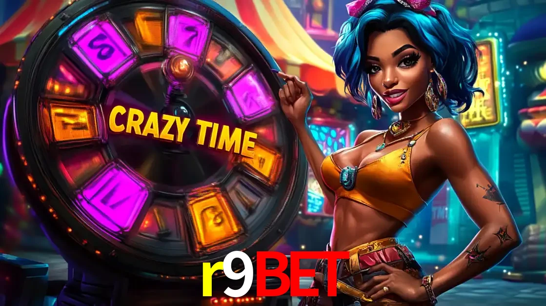 Mulher estilizada com cabelo azul e visual vibrante posando ao lado da roda de prêmios do game show Crazy Time, convidando para a diversão e os bônus do cassino r9bet.