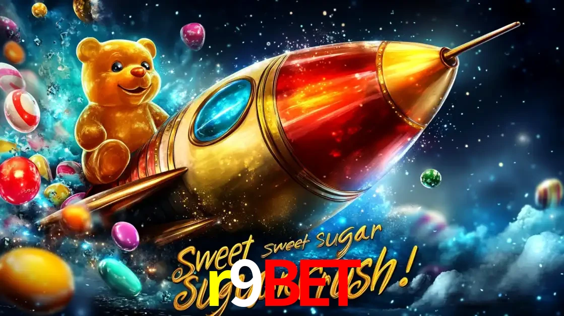 Arte promocional do jogo de slot Sugar Rush, com um urso de pelúcia em um foguete viajando pelo espaço de doces, um dos jogos divertidos disponíveis no cassino r9bet.