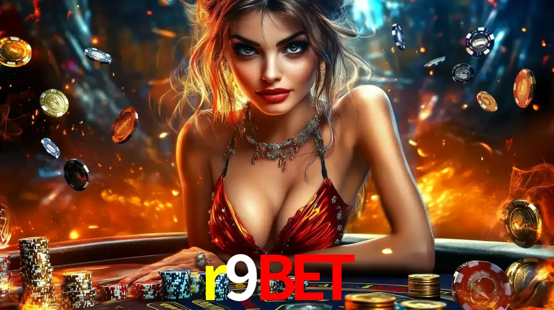 Mulher em uma mesa de cassino com pilhas de fichas e um fundo de fogo, pronta para uma rodada de altas apostas nos jogos de mesa emocionantes do cassino r9bet.