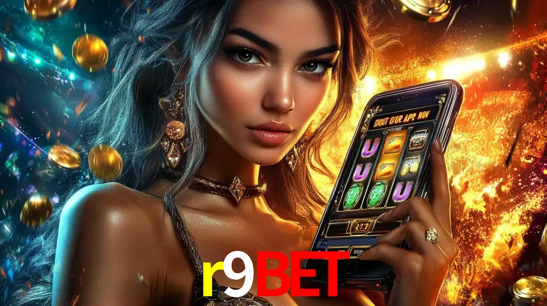 Mulher elegante mostrando um jogo de caça-níqueis em seu smartphone, destacando a experiência de cassino móvel oferecida pelo aplicativo r9bet.