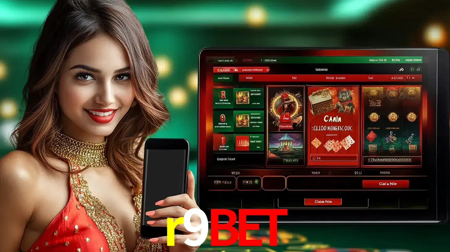 Mulher sorridente segurando um smartphone, ao lado de uma tela exibindo o lobby de jogos do cassino online r9bet, com várias opções de jogos de cartas e slots.